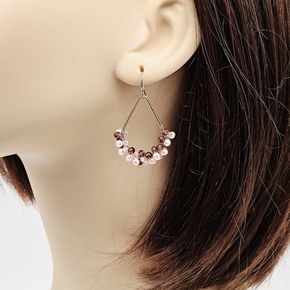 Tiny Pearl & Garnet Hoop Earrings, 14K Gold Filled Teardrop Hoops - Picture 7 of 11